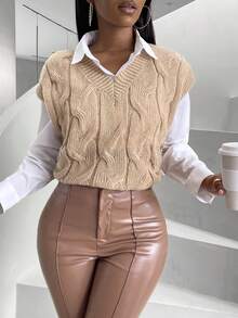 SHEIN Lady 麻花編織毛衣背心 - 卡其色 - 查看 6