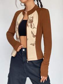 SHEIN EZwear Butterfly Print Zip Up Sweatshirt - Multicolor - View 6