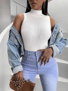 Zolique Mock Neck Ribbed Knit Sweater Vest - White - View 1