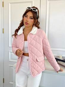 SHEIN EZwear Áo khoác nữ mùa đông Túi Nút phía trước Tương phản ren Khối Màu màu trơn Giải trí - Bụi hồng - Xem 3