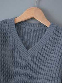 SHEIN Young Girl Ripped Trim Drop Shoulder Ribbed Knit Sweater - Grey - View 5