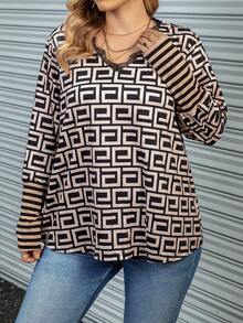 Calvaya Plus Striped & Geo Print Eyelash Lace Trim Tee - Multicolor - View 3