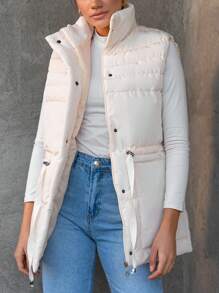 EURMUSE Women's Quilted Button-Up Padded Vest Jacket, Warm For Winter - Beige - View 1