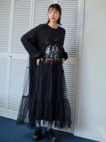 FRIFUL Cartoon Character Print Mesh Splicing Women's Dress,Ruffle,Fall Dress - Black - View 3