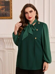 Modelyn Plus Tie Neck Button Detail Lantern Sleeve Top - Army Green - View 5