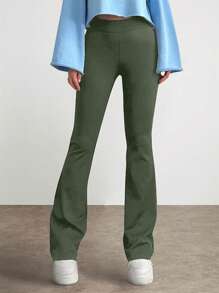 RueChic High Waisted Flared Long Pants - Olive Green - View 1