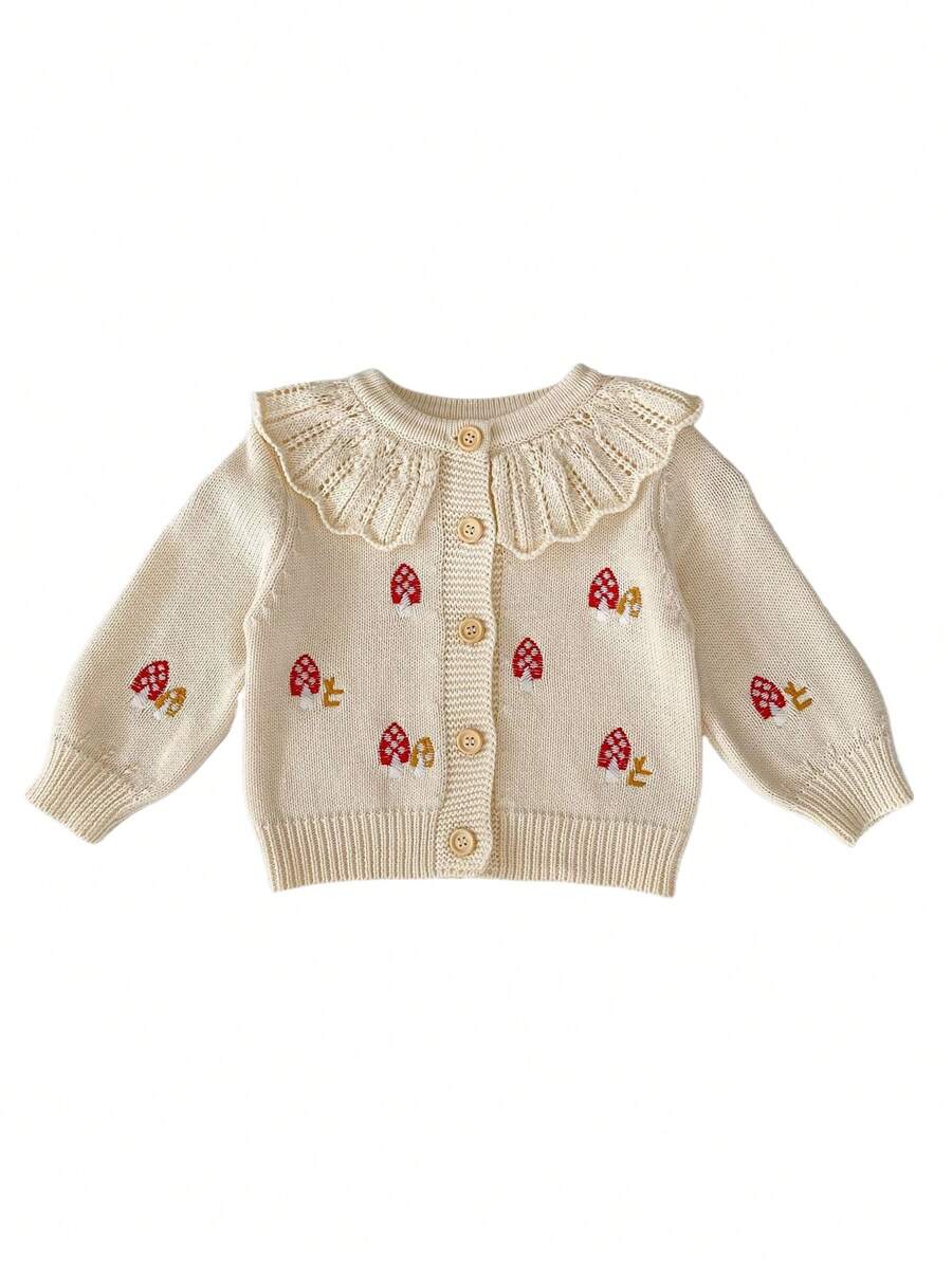 Baby Girl Mushroom Pattern Ruffle Trim Cardigan - Apricot - View 1