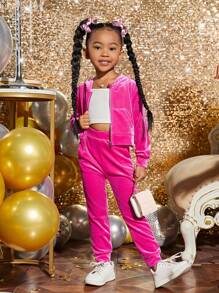 SHEIN Leap Crew Young Girl Rhinestone Letter Pattern Velvet Hoodie & Sweatpants - Hot Pink - View 5