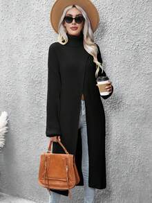 SHEIN Privé Áo cao cổ Bao bên Thả vai Áo len - màu đen - Xem 4