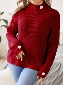 Celure 加码心形刺绣高领落肩针织套头衫秋冬毛衣 - 酒紅色 - 查看 3