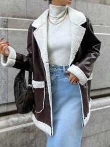 SHEIN Cottnline Dual Pocket Drop Shoulder Teddy Lined Coat - Brown - View 4