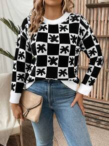 SHEIN LUNE 格纹图案落肩针织套头衫，适合秋冬季穿着 - 黑與白 - 查看 3