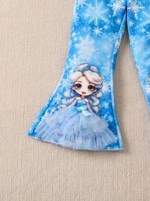 SHEIN Young Girl Figure Graphic Snowflake Print Flare Leg Pants
