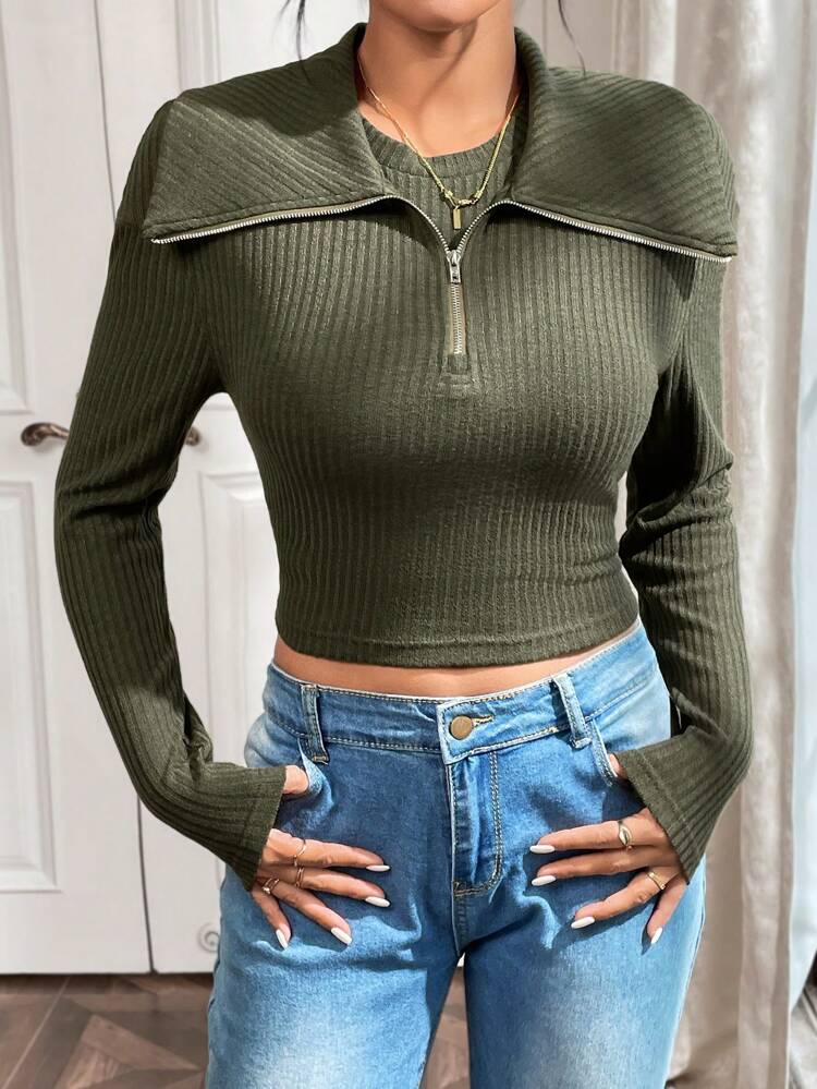 Women's Ribbed Knit Slim Fit T-shirt With Turn-down Collar