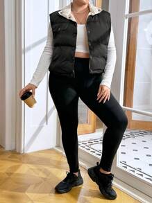 SHEIN Essnce Plus Flap Detail Snap Button Vest Padded Coat Winter Fall Autumn - Black - View 4