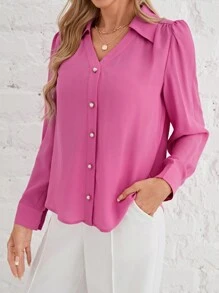 SHEIN Frenchy Của phụ nữ Ống tay áo Áo sơ mi Với Cổ bẻ - Màu Hồng Tươi - Xem 5