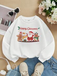 SHEIN Cô gái Tween 1 Miếng In Giáng sinh Lót nhiệt Áo nỉ - trắng - Xem 1