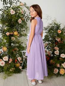 SHEIN Leap Crew 女大童1入組素色高低下擺雪紡掛脖洋裝 - 淡紫色 - 查看 2