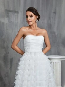 Ruched Layered Ruffle Hem Mesh Tube Wedding Dress - White - View 3