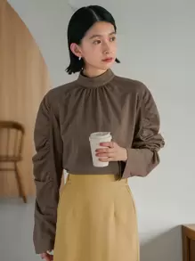 FRIFUL Blusa con cuello alto, manga raglán fruncida, ropa de otoño con manga larga