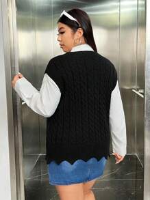 SHEIN EZwear Hơn Cắt vỏ sò Xoắn Dan Áo len vest Không có áo lót - màu đen - Xem 2