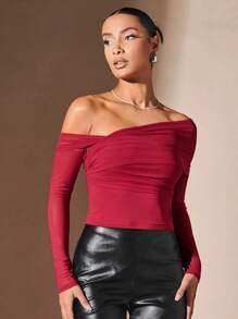 SHEIN BAE Off Shoulder Ruched Mesh Top - Burgundy - View 3