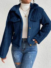 EMERY ROSE Flap Detail Button Front Teddy Jacket,Ladies Late Fall Casual Button Drop Shoulder Collar Loose Royal Blue Plain Women Jackets,Casual Daily Wear - Royal Blue - View 5