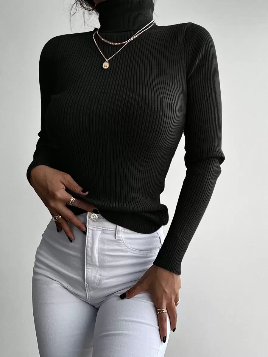 RueChic Jersey unicolor cuello alto tejido de canalé