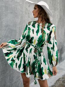 Glamaker Women's Random Printed Belted Dress - Green - View 3