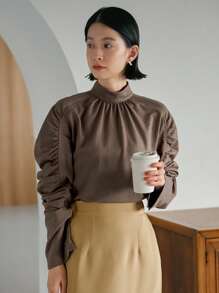 FRIFUL Blusa con cuello alto, manga raglán fruncida, ropa de otoño con manga larga