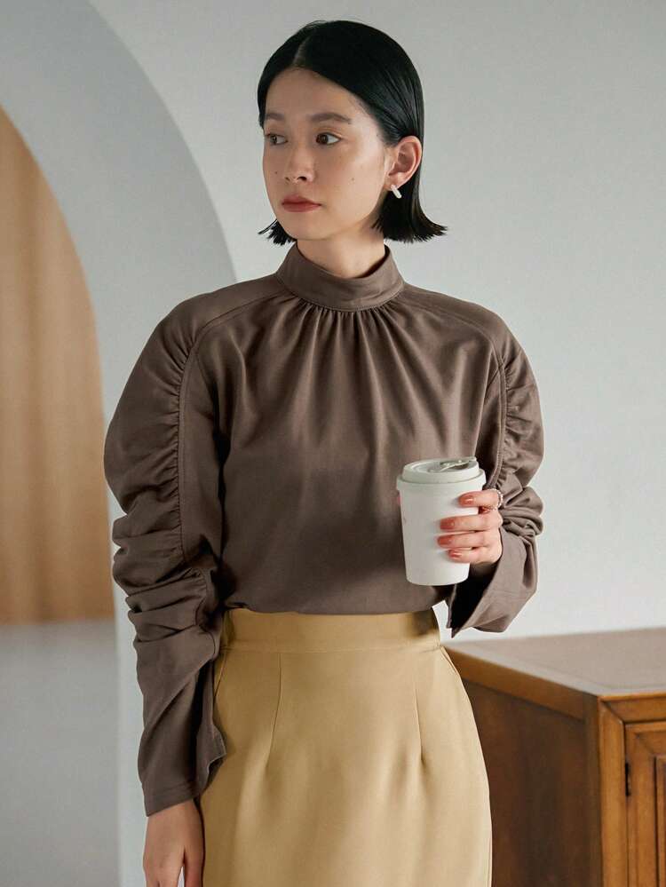 Mock Neck Ruched Raglan Sleeve Blouse,Fall Clothes Long Sleeve Top