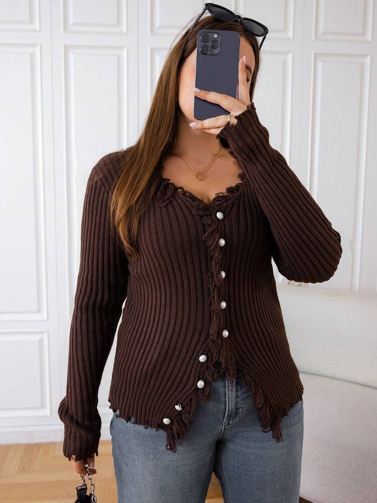Plus Distressed Button Front Cardigan