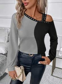 SHEIN Clasi Hai âm Chi tiết đáng kinh ngạc Cổ không đối xứng Áo thun - Màu Xám nhạt - Xem 1