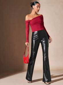 SHEIN BAE Off Shoulder Ruched Mesh Top - Burgundy - View 6