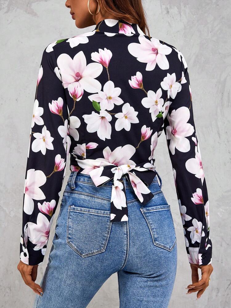 Floral Print Cross Front Wrap Tie Hem Shirt Fall Cloth For Women