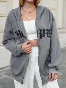 SHEIN EZwear Women's Dark Grey Letter Graphic Zip Up Hoodie,Drop Shoulder Thermal Lined Drawstring Sweatshirt,Autumn Streetwear Everyday Back-To-School Outfits - Dark Grey - View 5