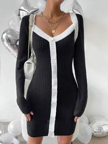 Chiquease Contrast Trim Button Front Bodycon Sweater Dress - Multicolor - View 4