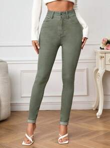 SHEIN Tall 女款修身牛仔褲，適合高個女性 - 橄欖綠 - 查看 4