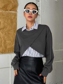 Dazy Star Solid Wrap Front Drop Shoulder Crop Sweatshirt Without Shirt
