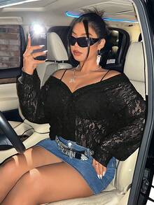 Flirla Plus Cold Shoulder Lace Blouse Without Bra - Black - View 3