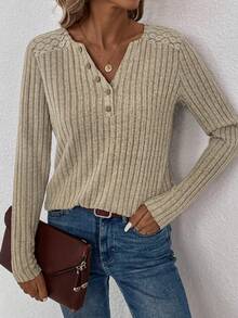 蕾絲拼接前紐扣條紋針織T恤 - 杏色 - 查看 3