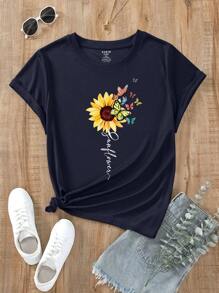 SHEIN EZwear 女士花蝴蝶圖形純棉基本t恤衫 - 藏蓝色 - 查看 1