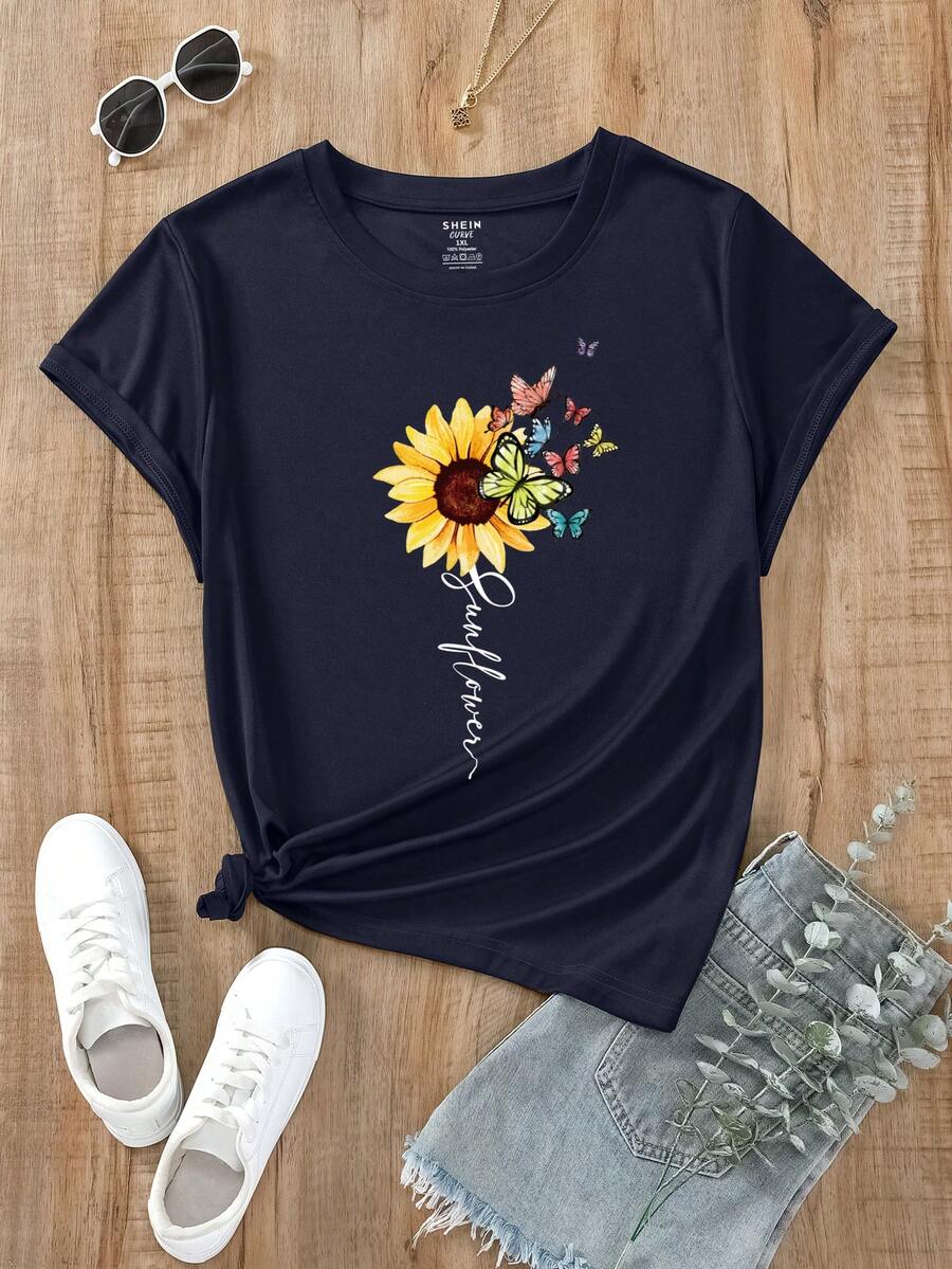 SHEIN EZwear 女士花蝴蝶圖形純棉基本t恤衫 - 藏蓝色 - 查看 1