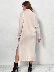 SHEIN Frenchy Áo cao cổ Thả vai Tách đùi Đầm Áo len - Màu be - Xem 2