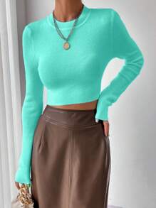 EMERY ROSE Solid Ribbed Knit Crop Sweater,Long Sleeve Tops Knit Pullover Fall Winter Outfit - Mint Green - View 3