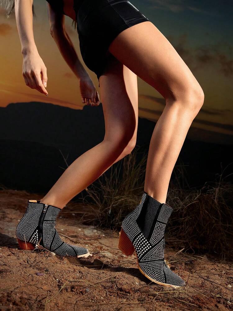Ladies' Fashionable Short Boots With Diamond Patchwork