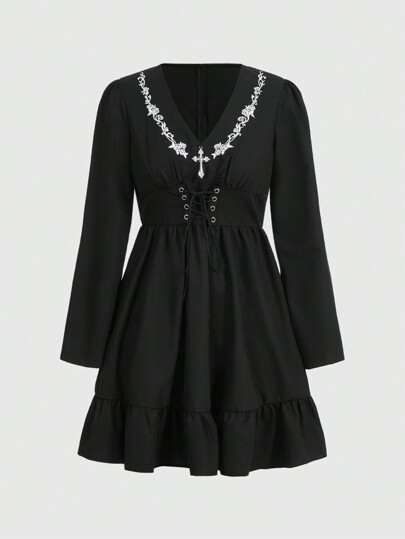 Goth Floral Embroidery Lace Up Waist Dress