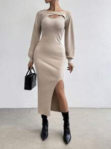 Chiquease Women's Solid Color Lantern Sleeve Cape And High Slit Sweater Dress - Camel - View 3