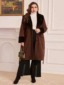 Modelyn 大尺碼女毛領腰帶拼色羊毛大衣 - 棕色 - 查看 4