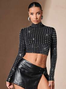 SHEIN BAE Mock Neck Rhinestone Crop Tee - Black - View 8